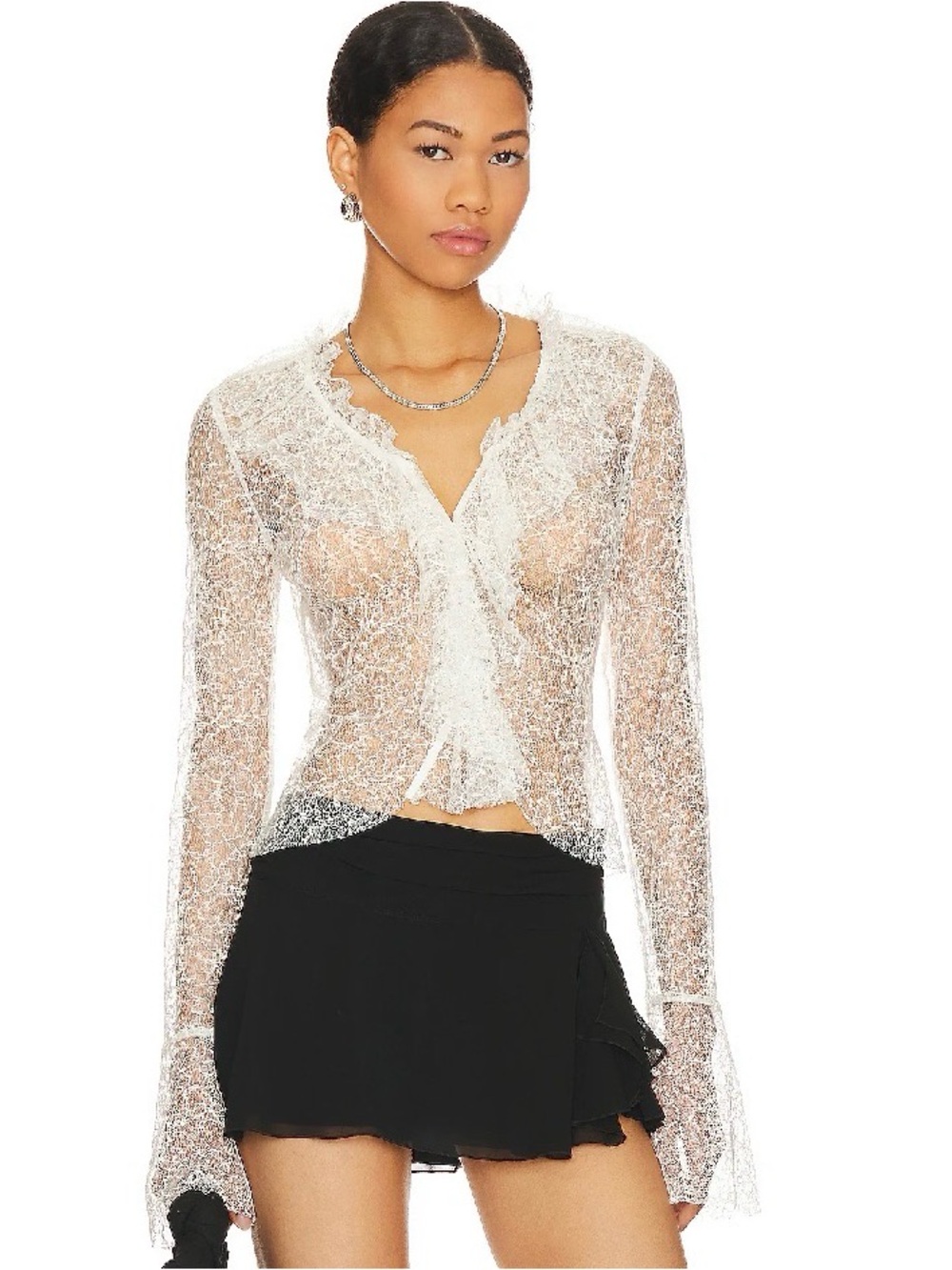 Lovers + Friends Holly Top - White Sheer Lace Long Sleeve Top